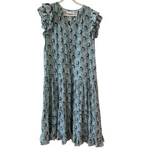 Bindu Sage Green Floral Tiered Midi Dress Ruffle Sleeve V-Neck Women XS